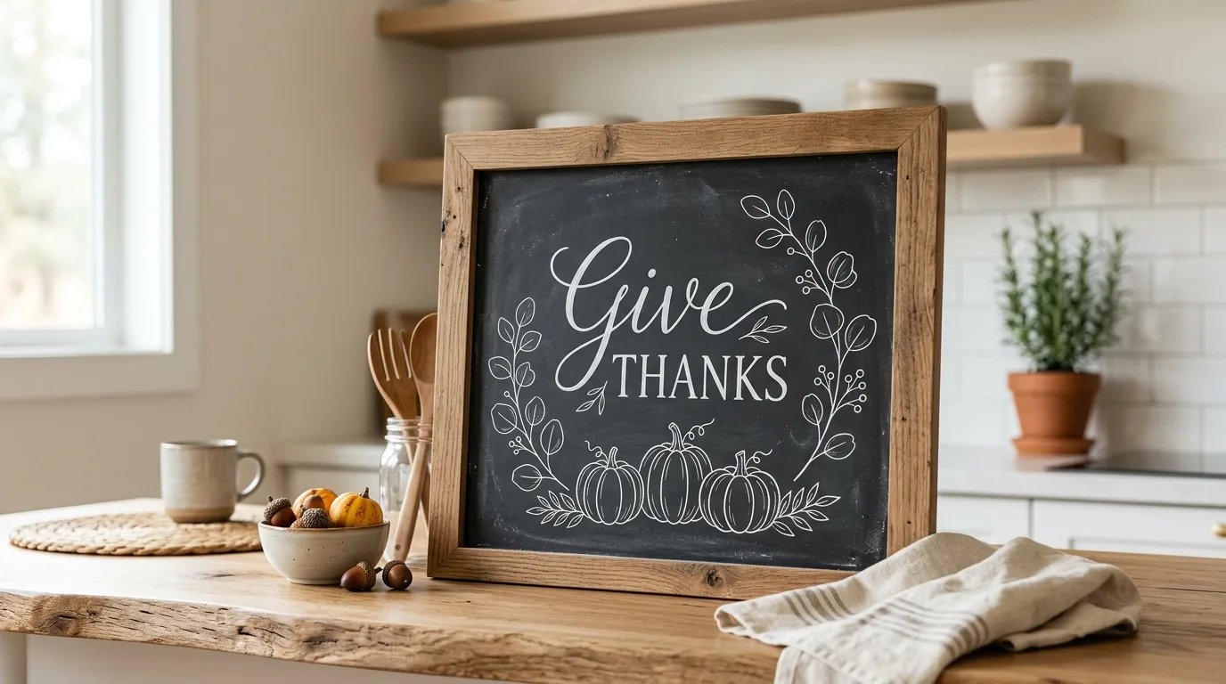 A small Thanksgiving chalkboard sign on a tabletop easel styled in a dining room with candles and fall accents, no people