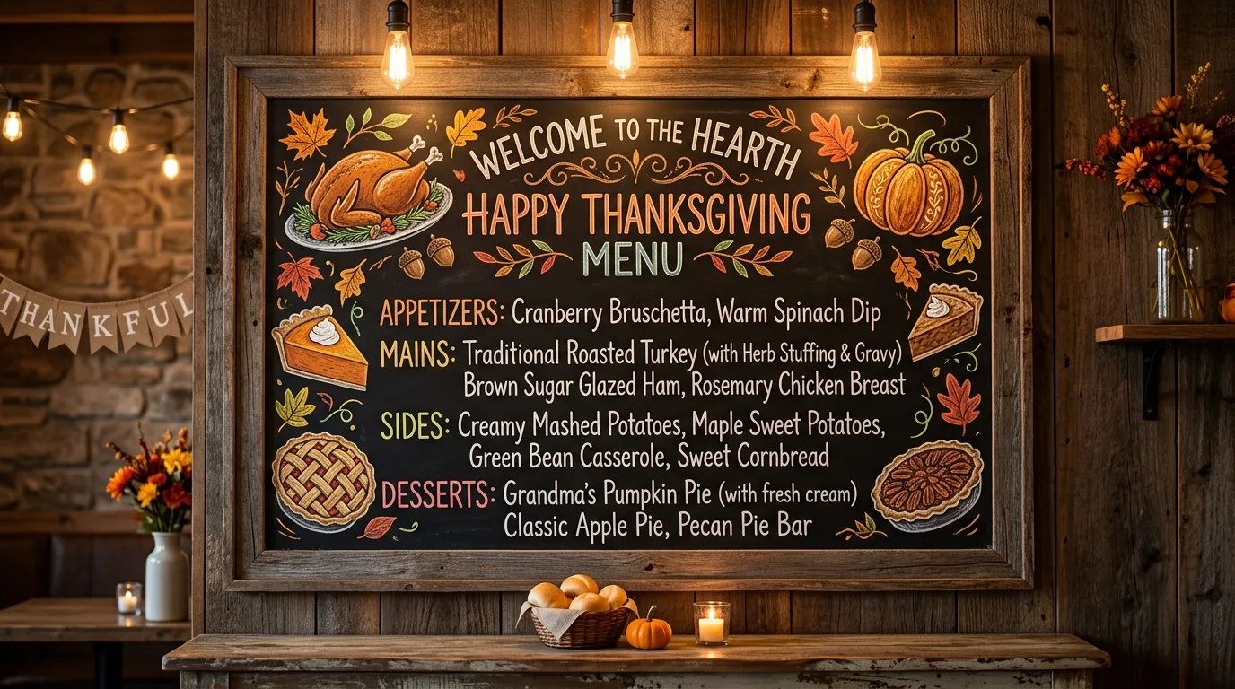 A festive porch chalkboard with a hand drawn turkey and seasonal message beside pumpkins and mums at the front entry, no people