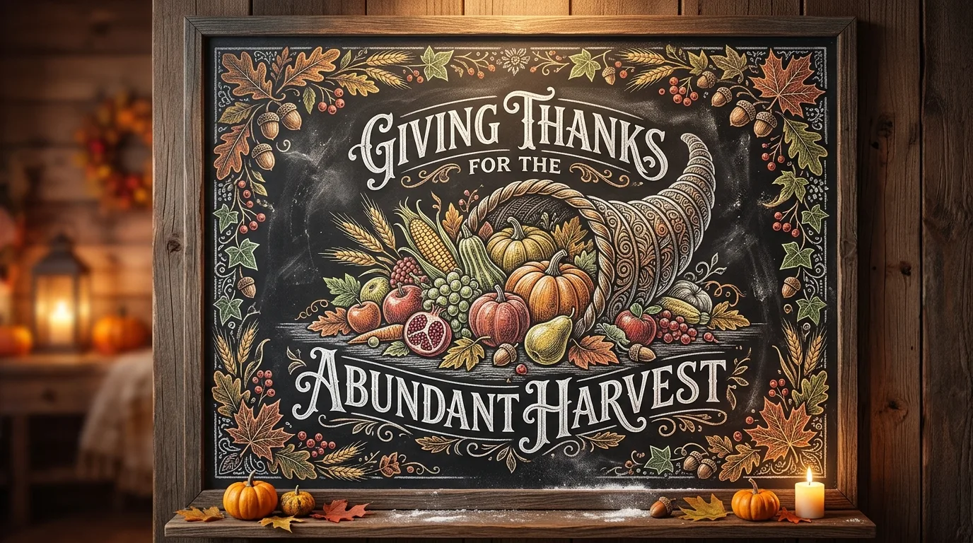 A minimal black and white Thanksgiving chalkboard displaying a gratitude list in clean lettering inside a modern neutral home, no people