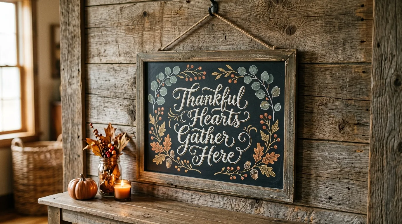 A framed Thanksgiving chalkboard inside a vintage style frame with elegant lettering and autumn accents in a farmhouse room, no people