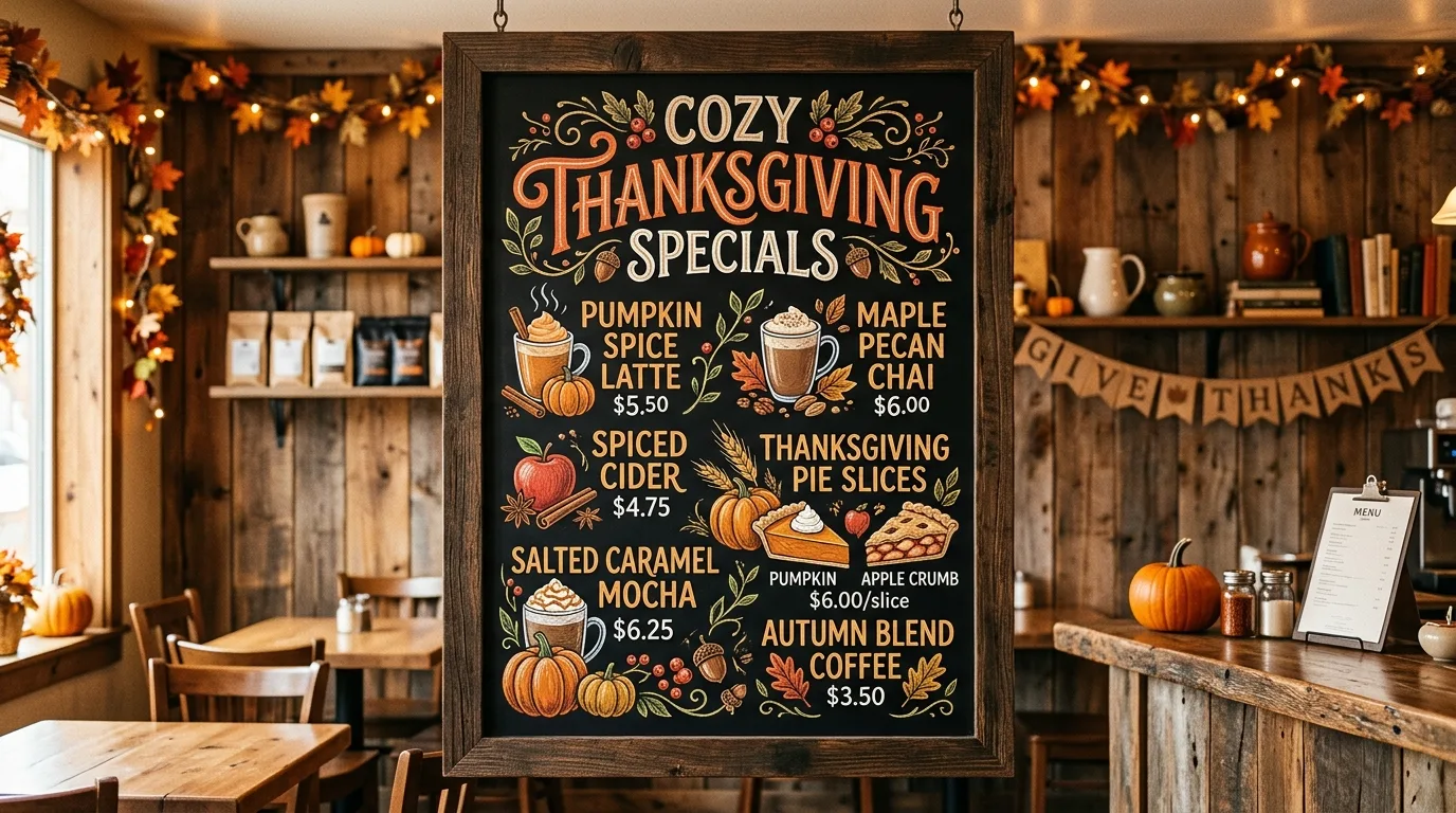 A Thanksgiving chalkboard pantry sign with hand lettered seasonal sayings displayed in a breakfast nook with warm autumn styling, no people