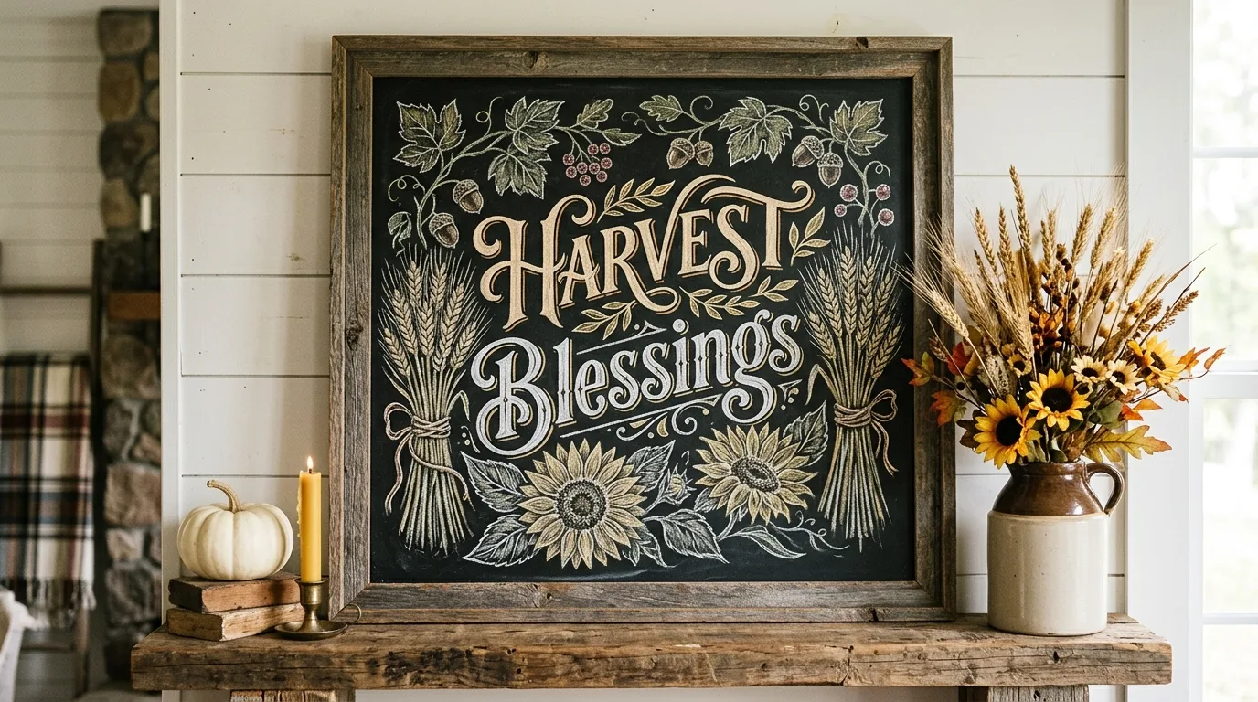 A playful Thanksgiving chalkboard in a family art corner filled with autumn doodles, simple lettering, and child friendly seasonal details, no people
