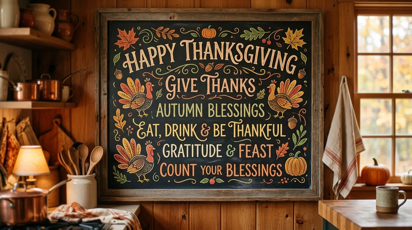 A Thanksgiving chalkboard fireplace sign with gold lettering displayed on a mantel glowing with candles and warm autumn decor, no people