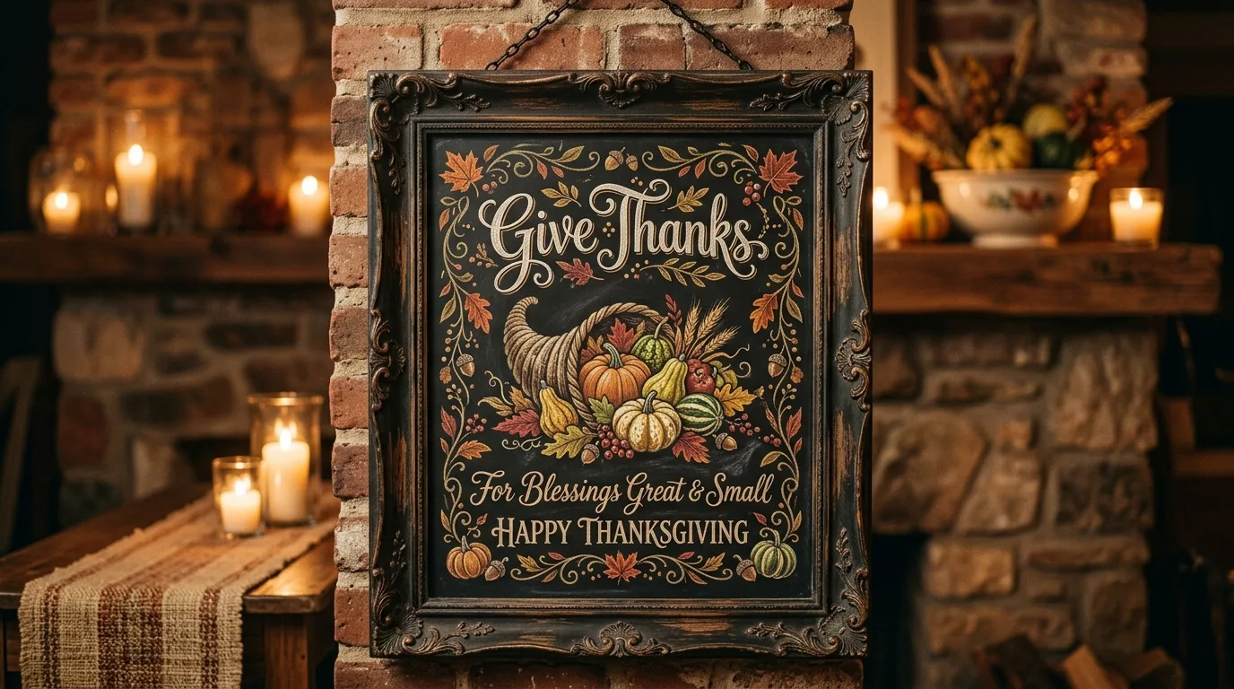An oversized Thanksgiving chalkboard at a home entry with a warm family message, pumpkins, and layered seasonal decor, no people