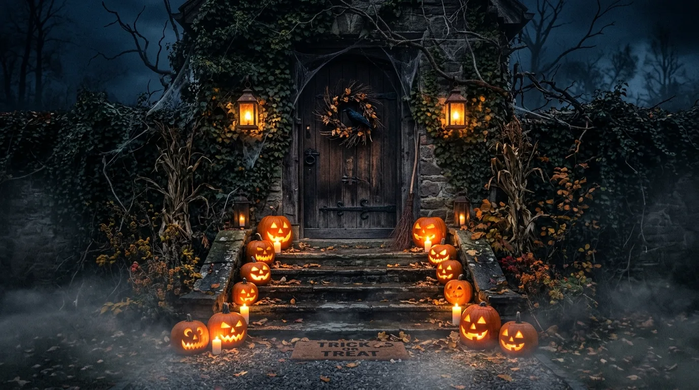 A spooky Halloween entryway with black pumpkins, candlelight, and a dark front door creating a moody haunted welcome, no people