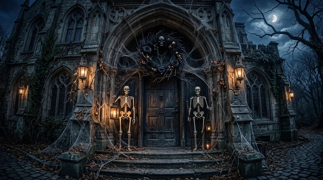 A Halloween front entry with layered doormats, a gothic welcome sign, and subtle autumn styling around a porch doorway, no people