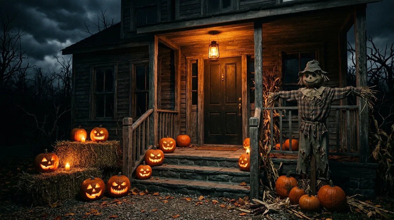 A Halloween entry arch draped in gauze and burgundy foliage framing a dramatic front door in soft evening light, no people