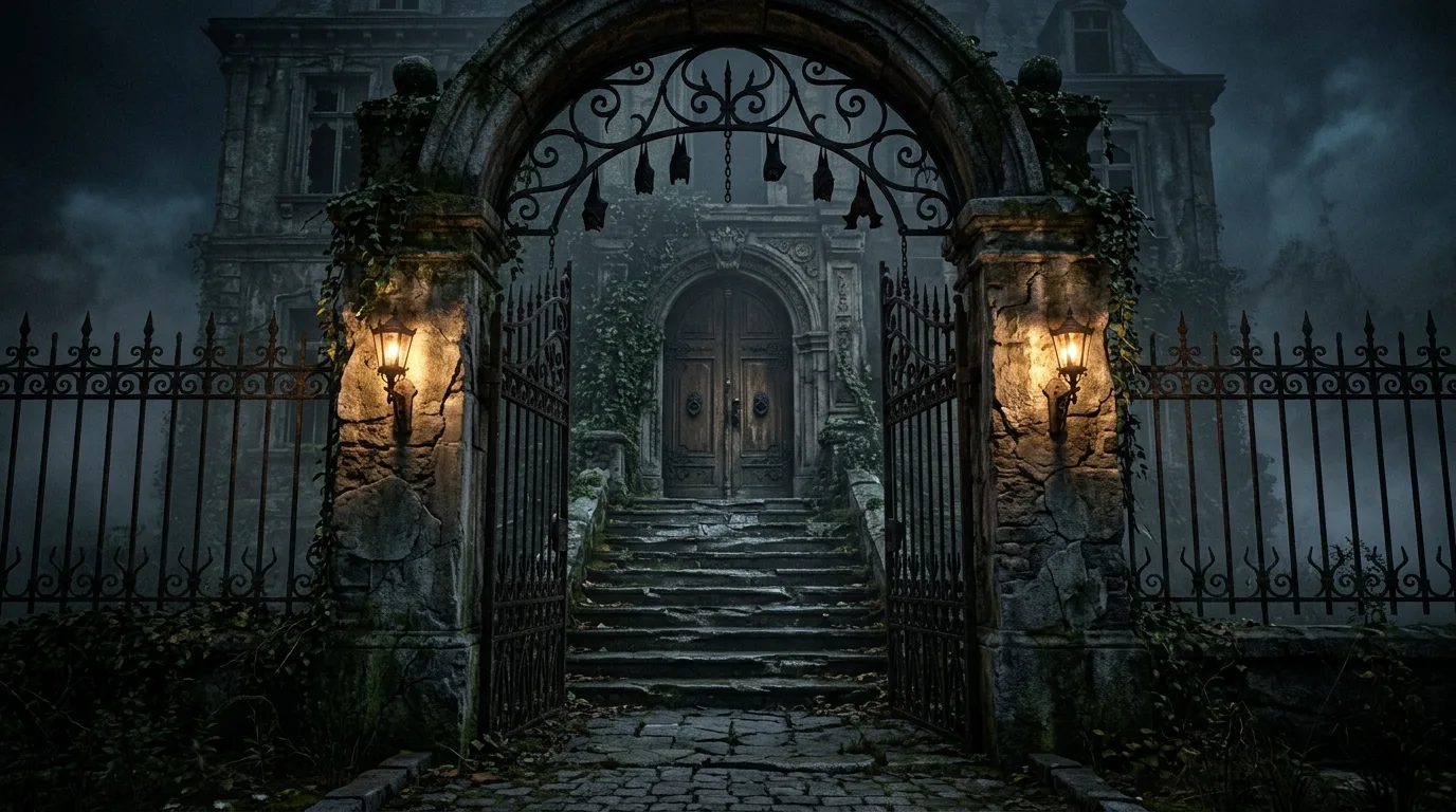 A vintage inspired Halloween entryway with lanterns, raven accents, moss details, and a dark traditional front door, no people