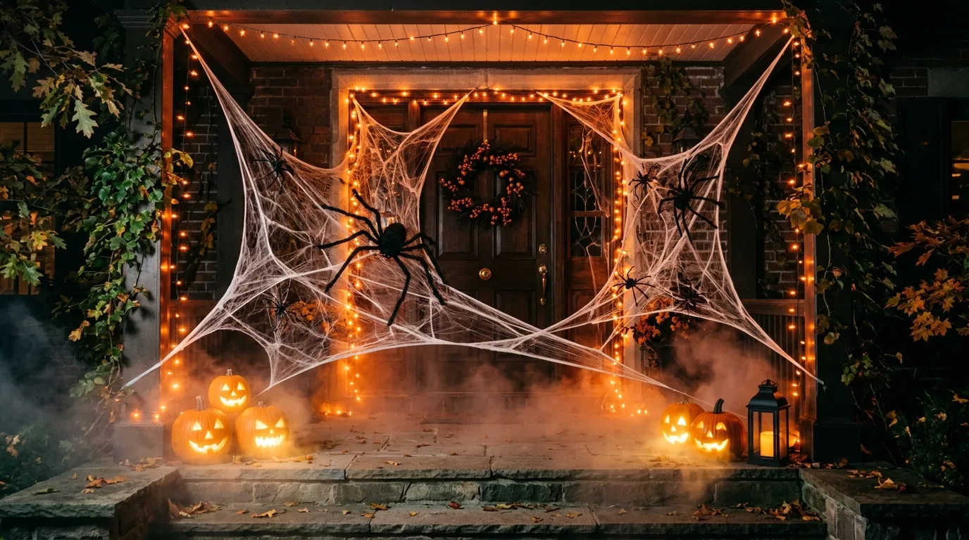 A modern Halloween porch with bone white decor and a charcoal painted front door creating a sharp spooky contrast, no people