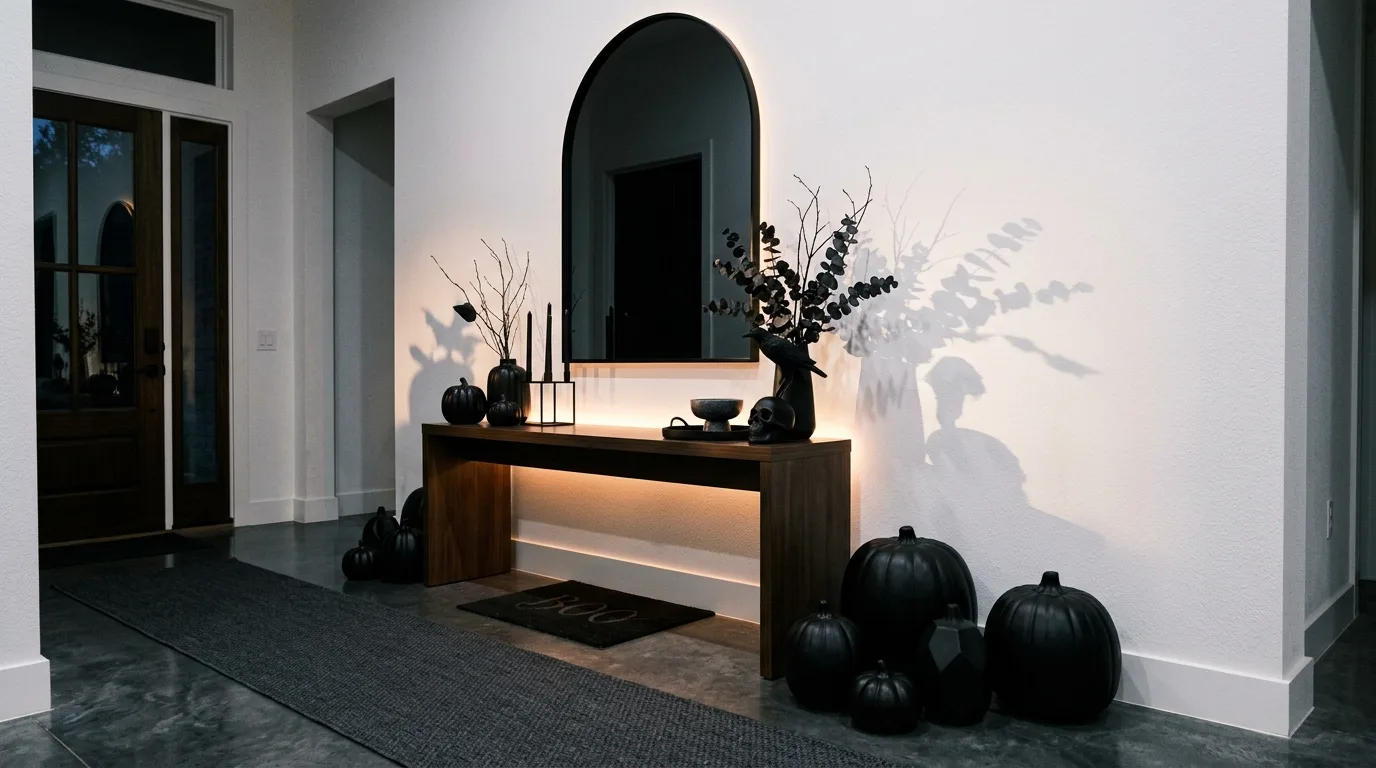 A curated Halloween entry display with decorative skulls, stacked heirloom pumpkins, and muted fall plantings beside a front door, no people