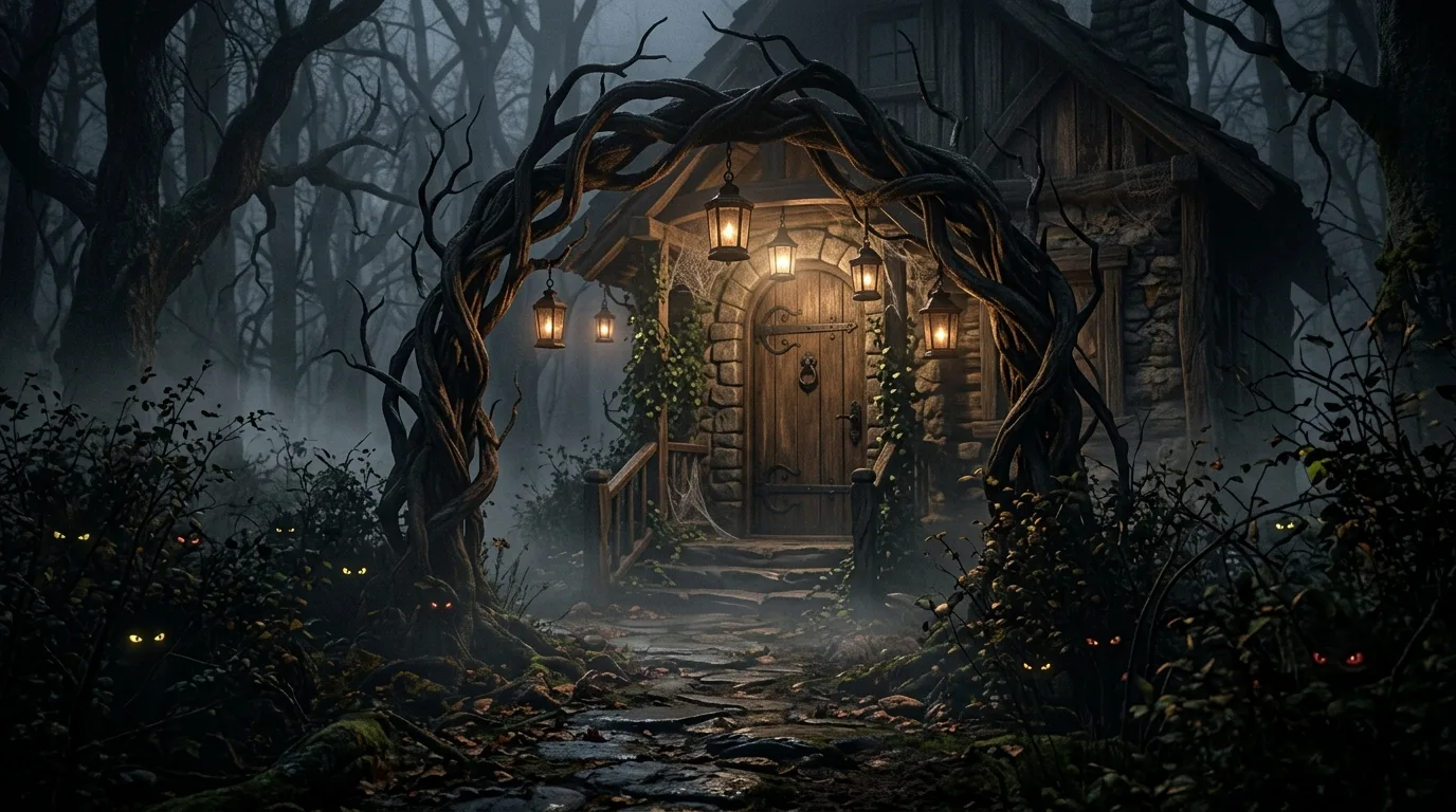 A witchy Halloween entry corner with decorative brooms, silver accents, and dark florals under cool moody lighting, no people