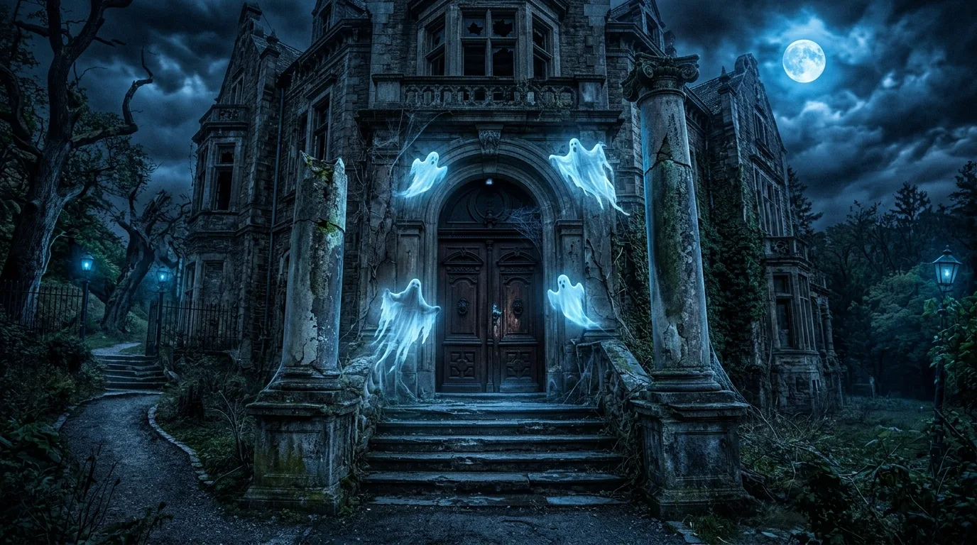 A spooky stone step entry lined with glowing jack o lanterns and dark seasonal planters at night, no people