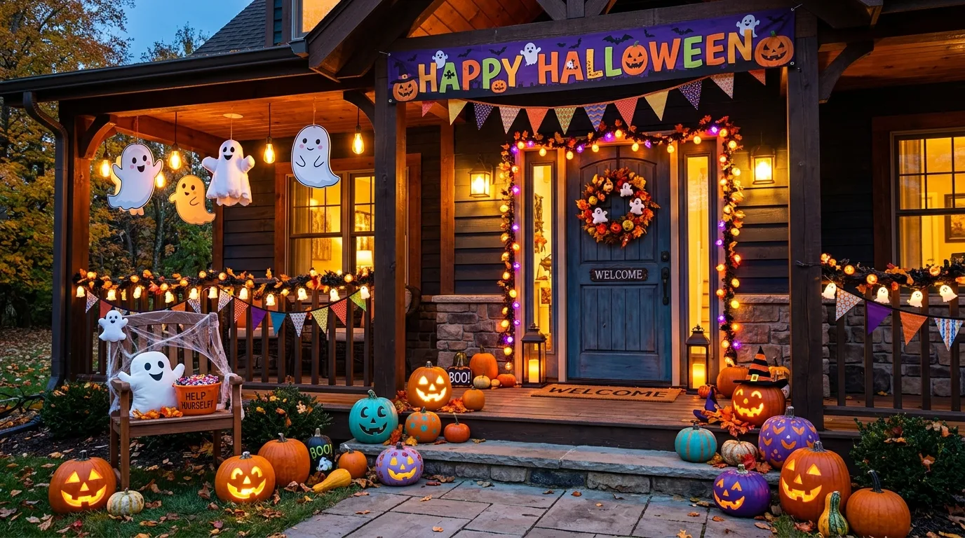 A small Halloween entryway with a monochrome bat wall display, narrow front door, and dark planters creating vertical drama, no people