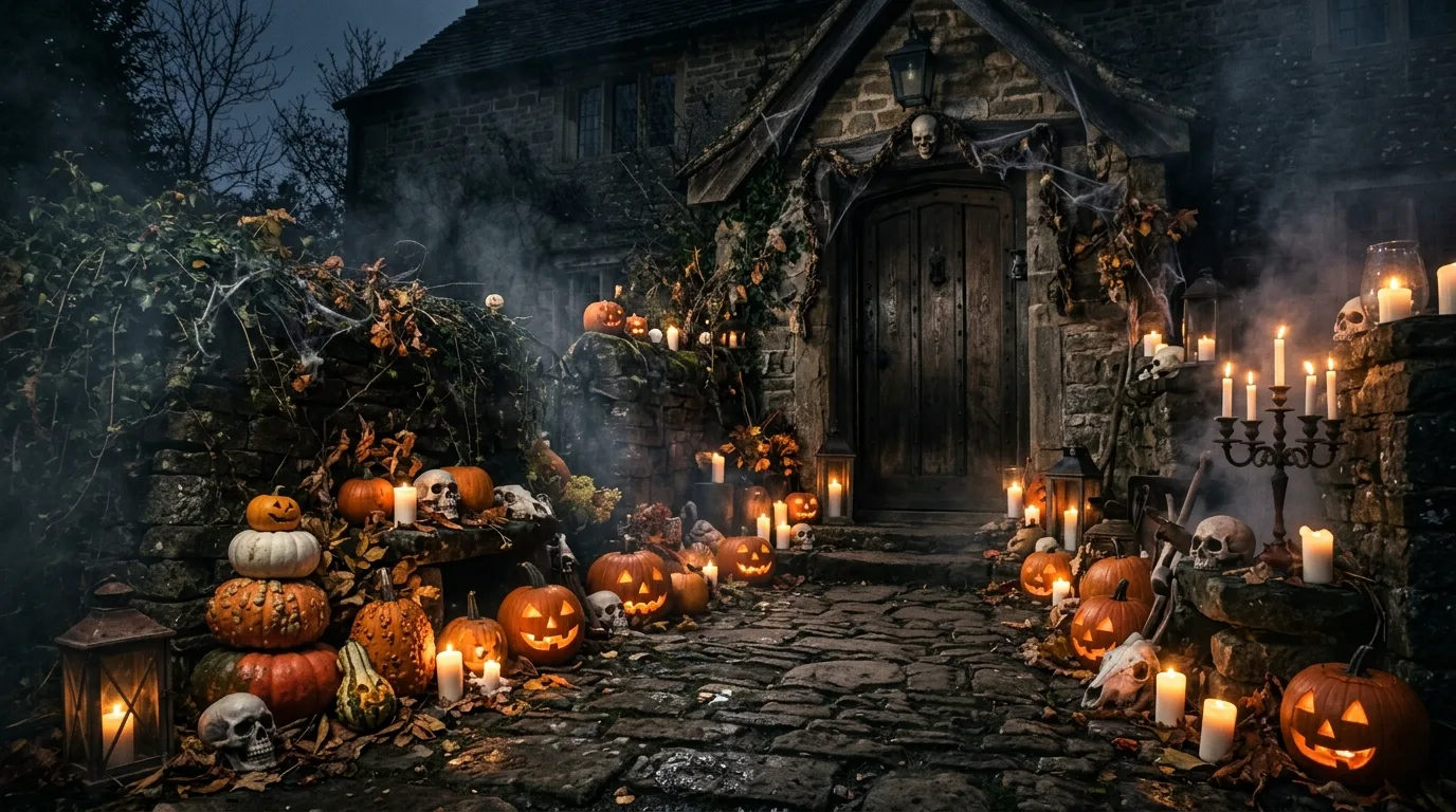 A Halloween front entry with copper lanterns, dried branches, and warm moody lighting around a richly styled doorway, no people