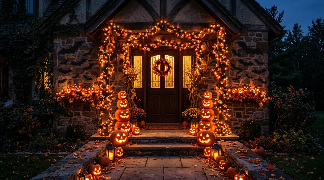 A minimal Halloween stoop with a black wreath, grouped candles, and subtle spooky styling at a clean front entrance, no people
