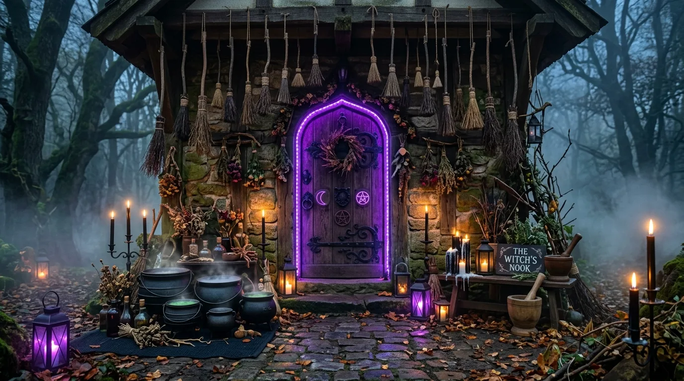 A forest inspired Halloween entryway with branches, crow accents, and smoky foggy texture around a dark front door, no people
