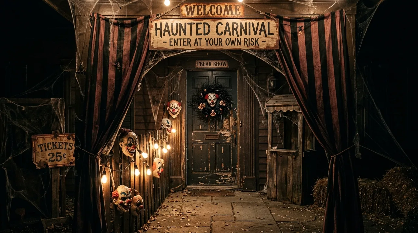 A grand Halloween double door entry styled with oversized pumpkins, dramatic drape, and elegant spooky lighting, no people