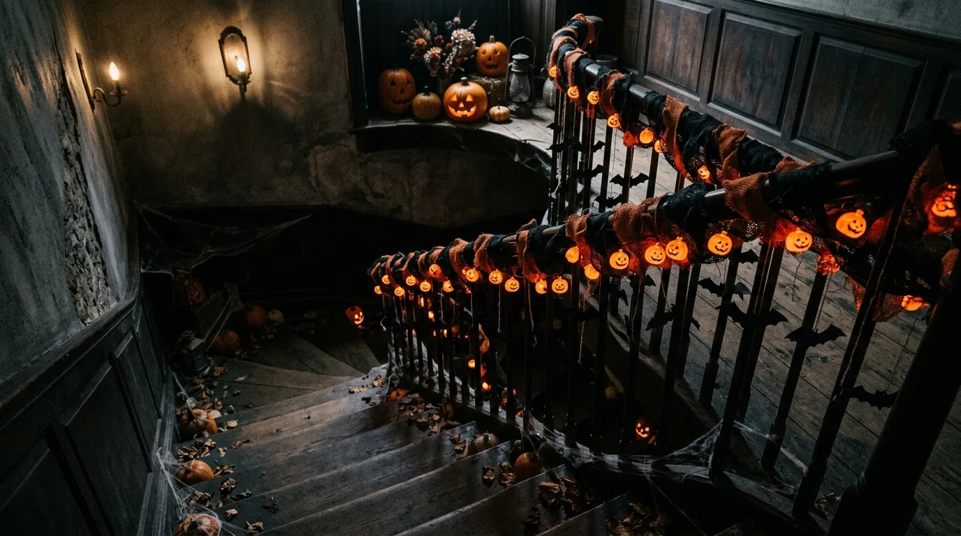 A Halloween staircase decorated with a black bat garland draped along a painted stair rail in moody indoor light, no people