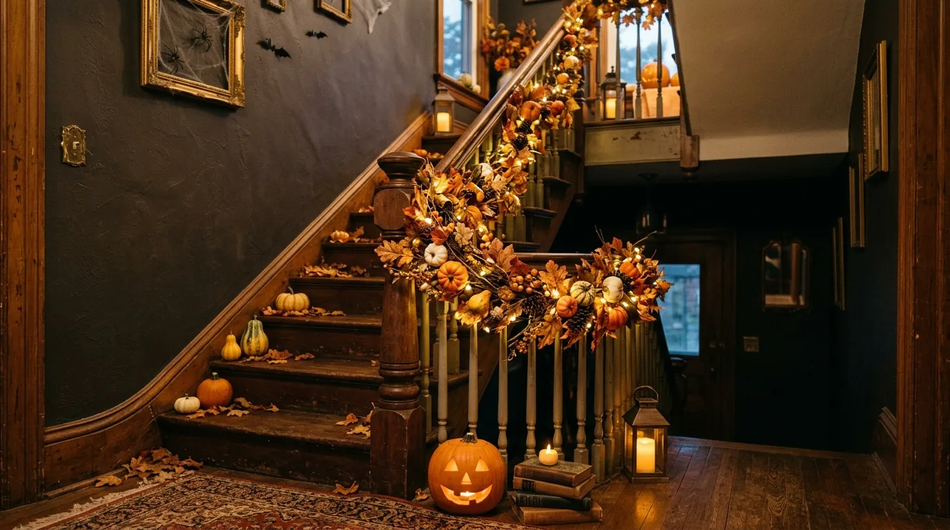 An indoor Halloween staircase with orange ribbon garland and layered paper fans wrapped along the banister, no people
