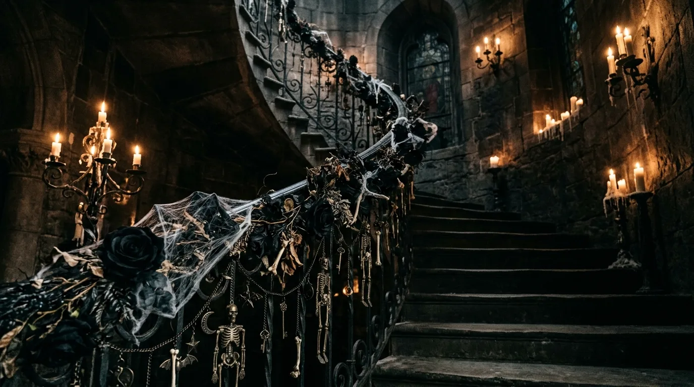 A Halloween stair garland made of dried leaves and tiny skull accents wrapped around a banister in soft autumn light, no people