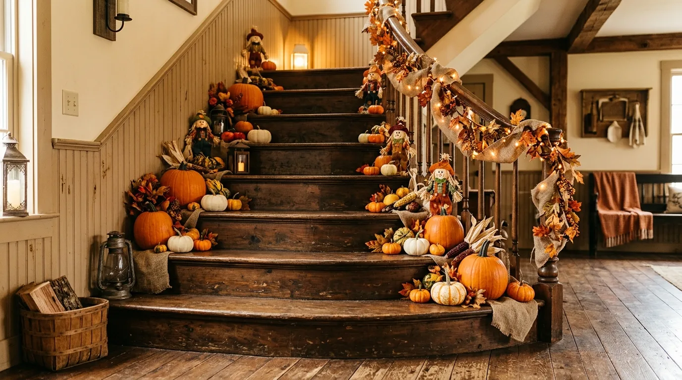 A playful Halloween ghost garland with pom pom details draped along a family staircase in bright cozy daylight, no people