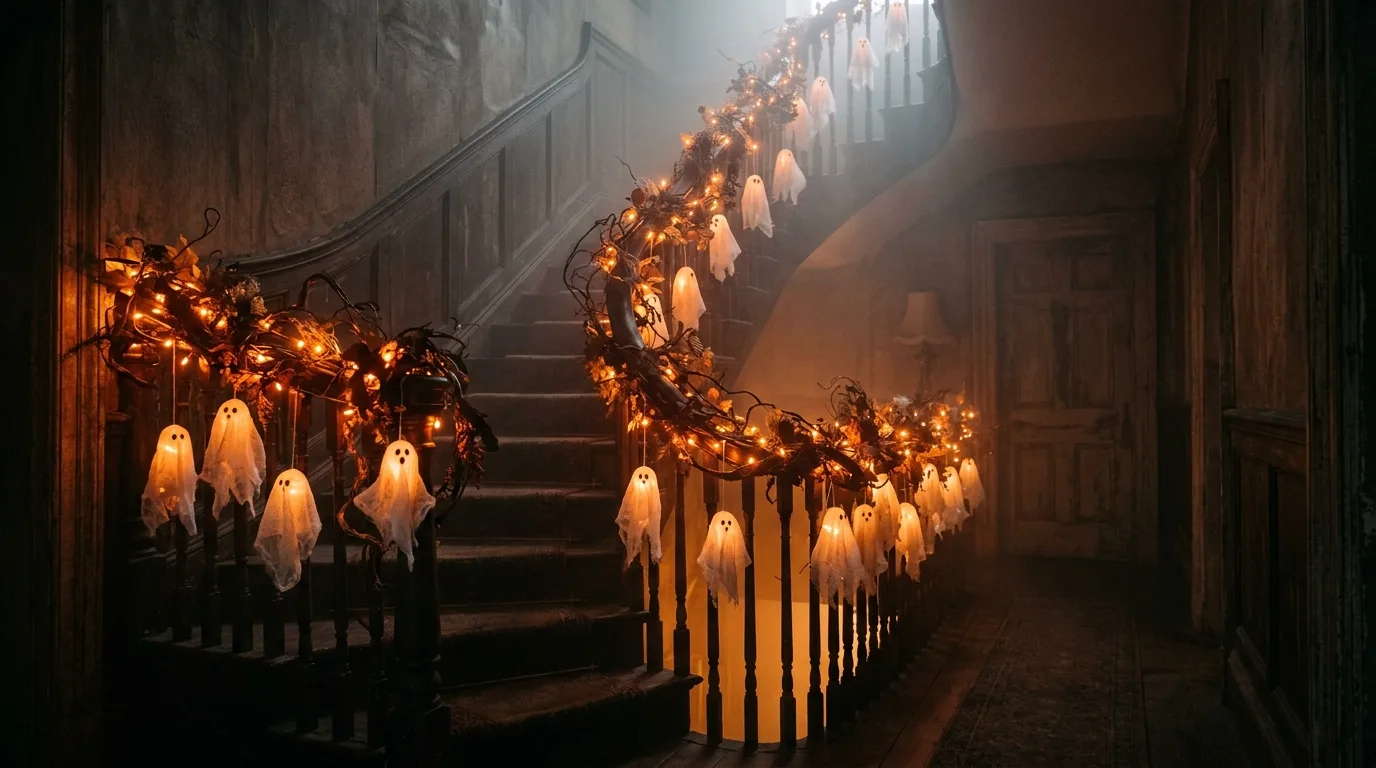 A chic Halloween staircase styled with velvet ribbon garland, brass bells, and moon ornaments along the banister, no people