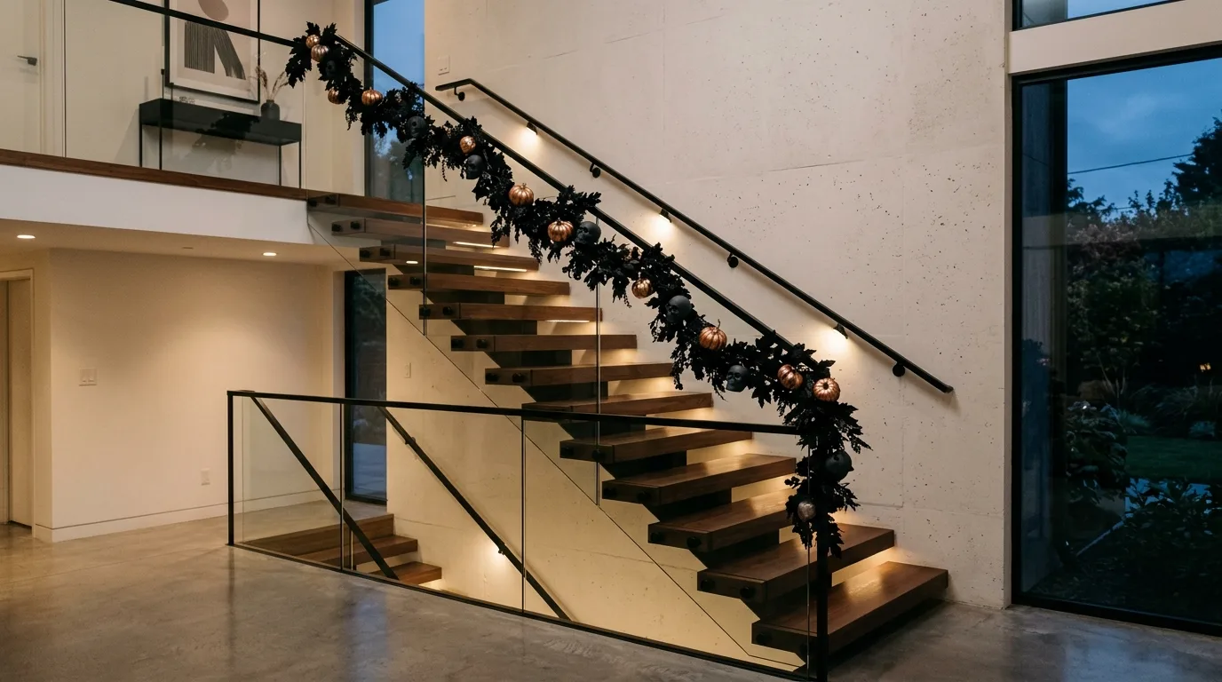 A spooky Halloween stair rail with spider web garland layered over dark wood balusters in dramatic low light, no people