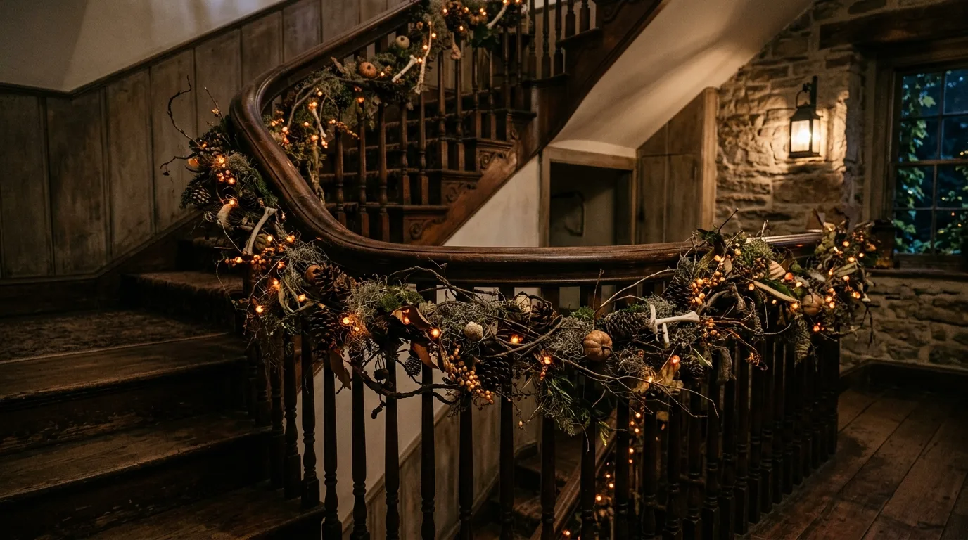 A Halloween staircase draped with gauze garland and crow accents perched near the landing in a moody entry hall, no people