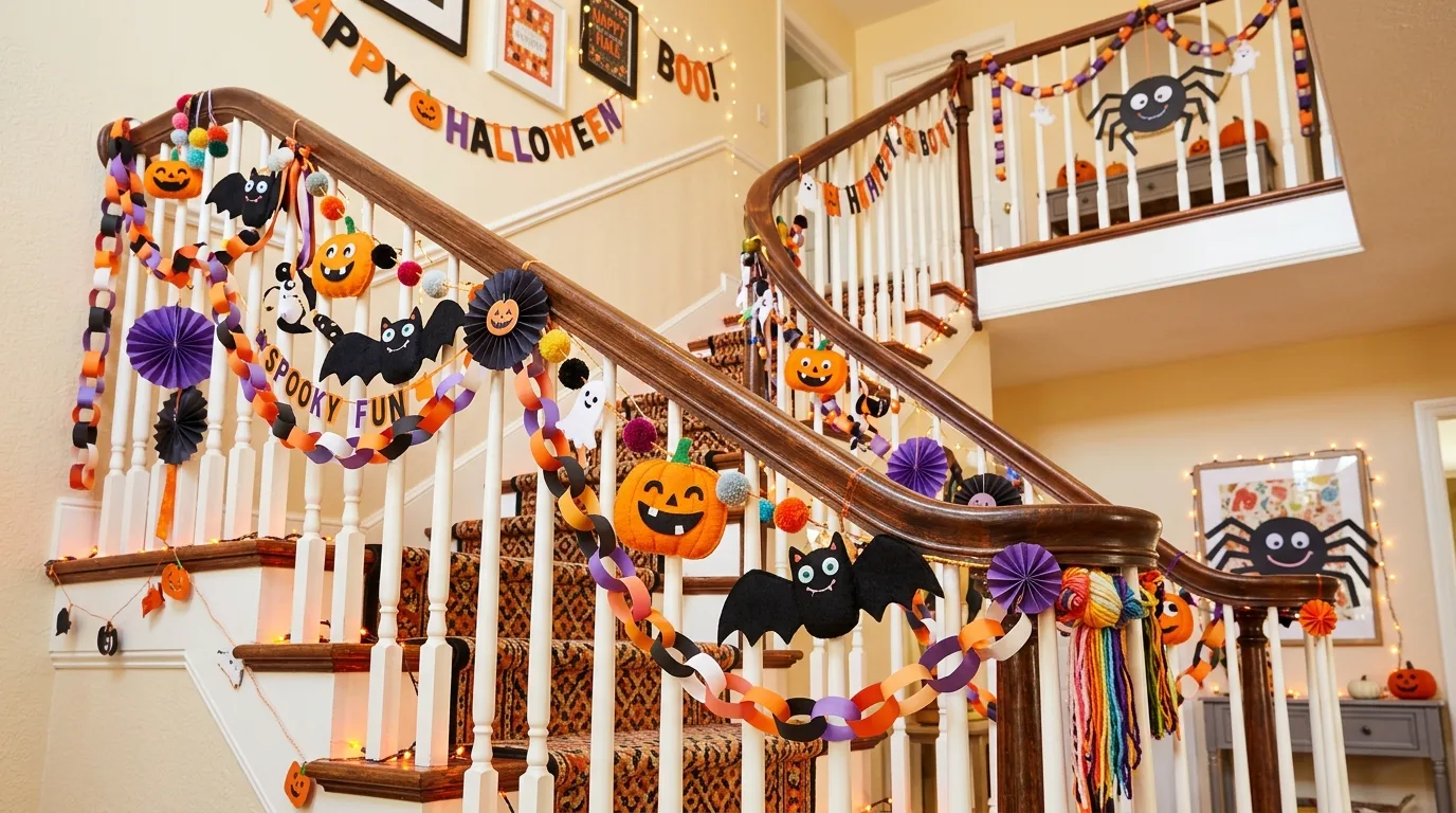 A dramatic staircase garland with mini pumpkins and deep plum foliage wrapped around a banister for Halloween, no people