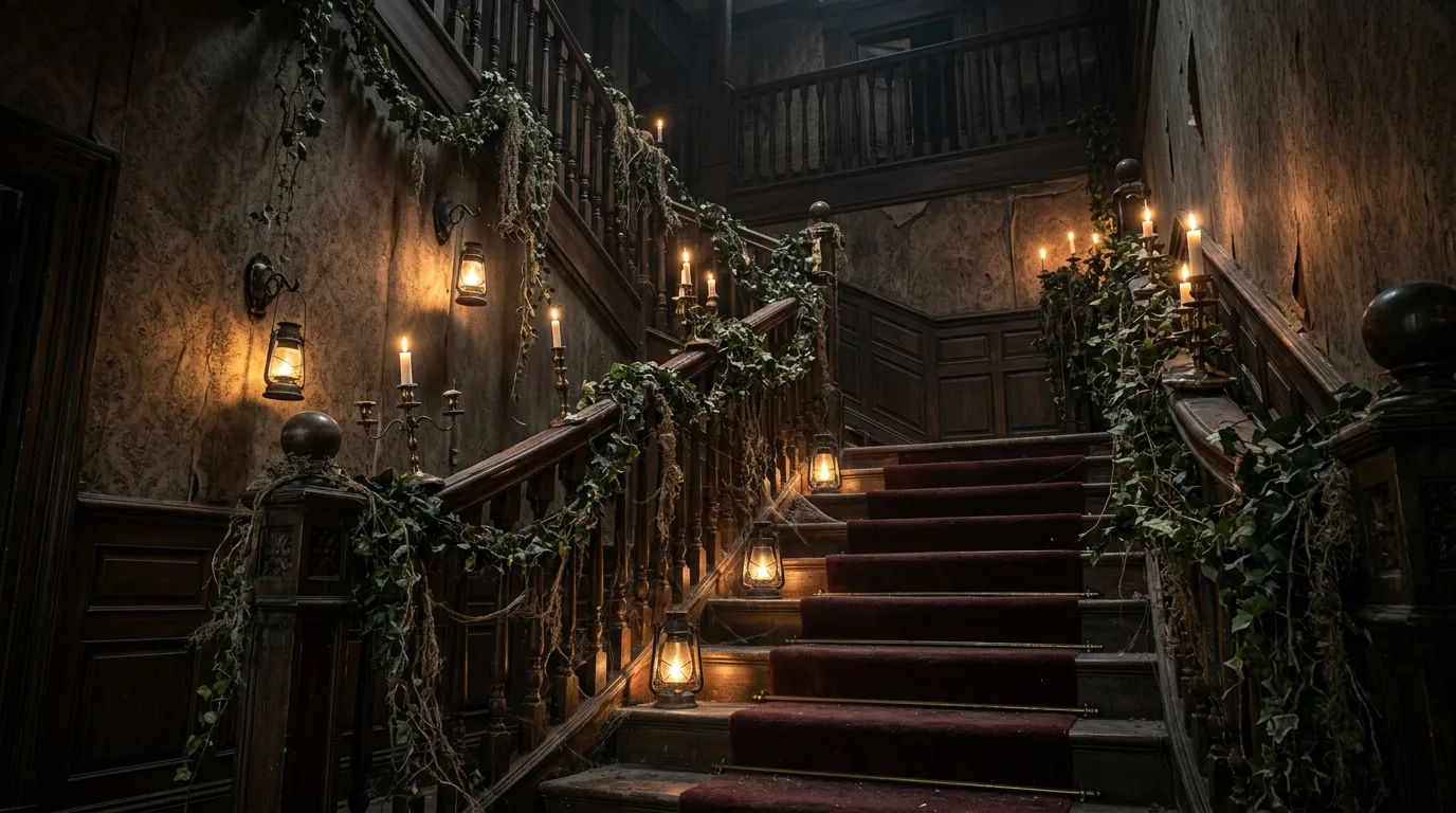 A modern Halloween staircase decorated with a minimal paper moon garland along a clean lined banister, no people