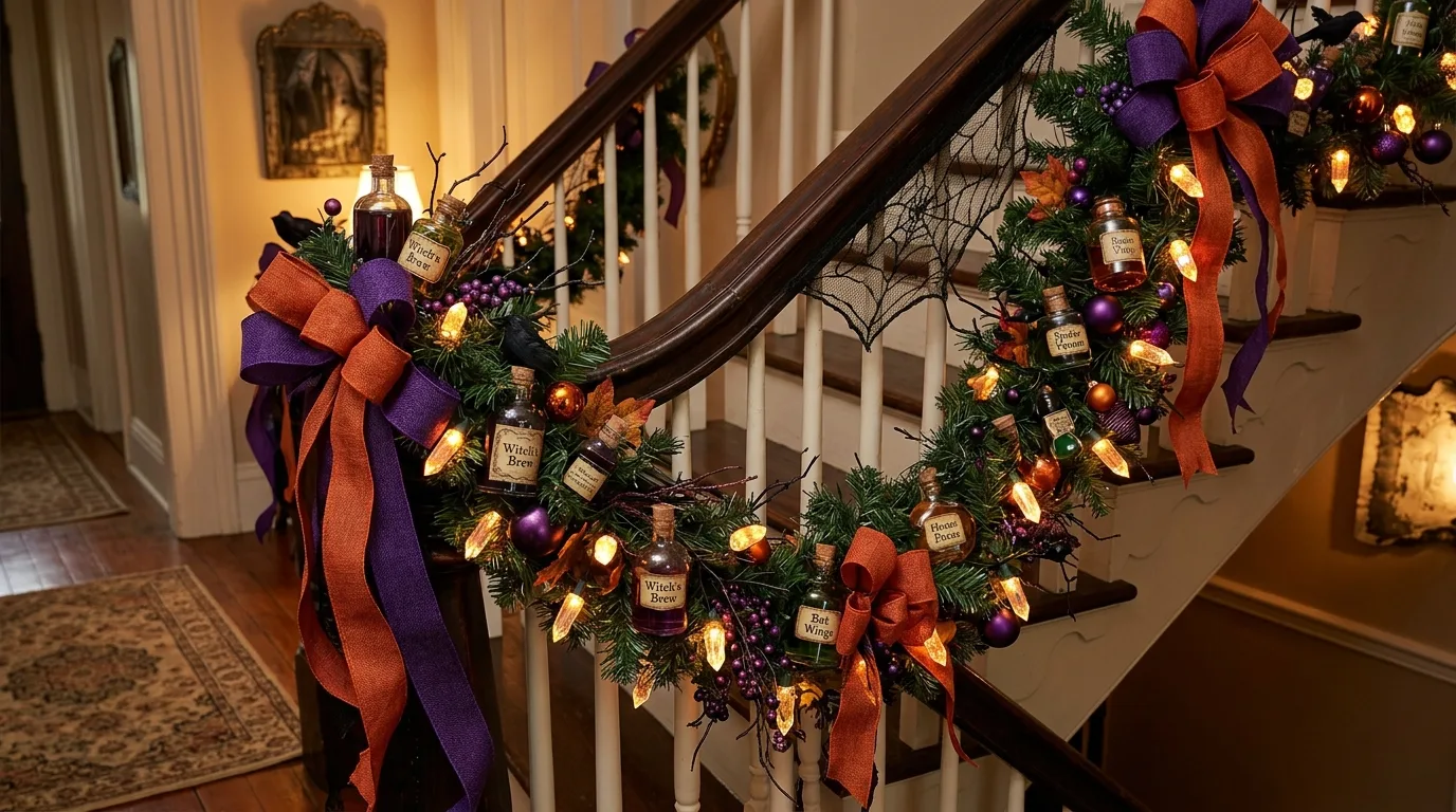 A Halloween staircase with black tassel garland and potion bottle decor arranged at the landing in warm moody light, no people