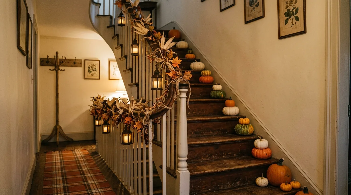 A moody Halloween garland of eucalyptus and raven accents wrapped along a staircase with layered natural textures, no people