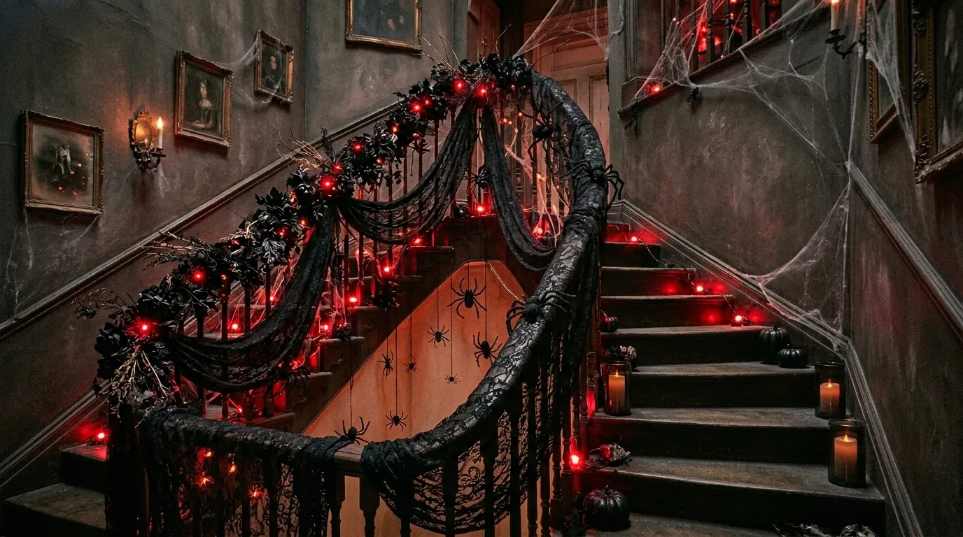 A retro Halloween staircase decorated with a candy corn color garland in orange, yellow, and white along the railing, no people