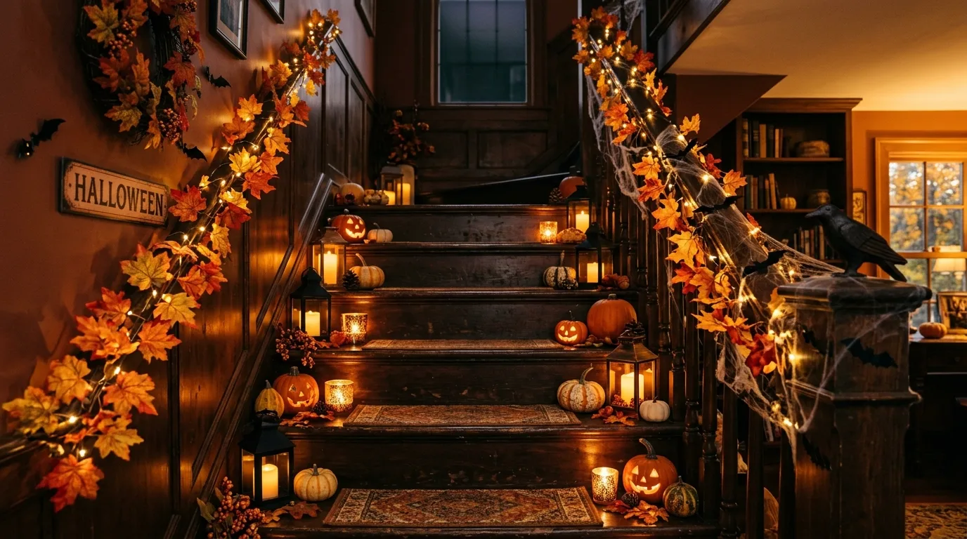 A dramatic Halloween staircase featuring a black floral garland and candlelight creating an elegant haunted atmosphere, no people