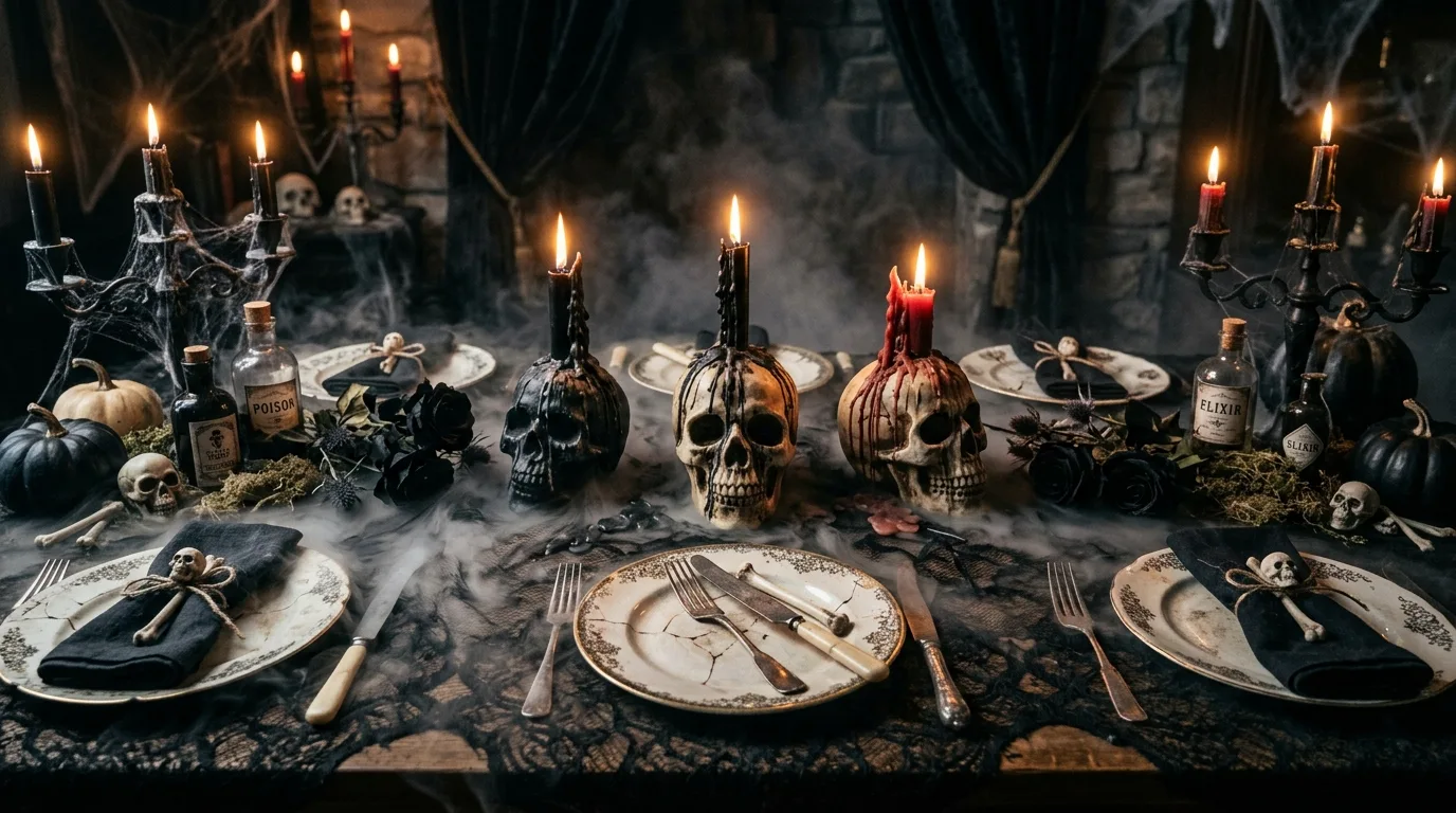 A Halloween tablescape with black taper candles and a velvet runner creating a moody elegant dining setting, no people