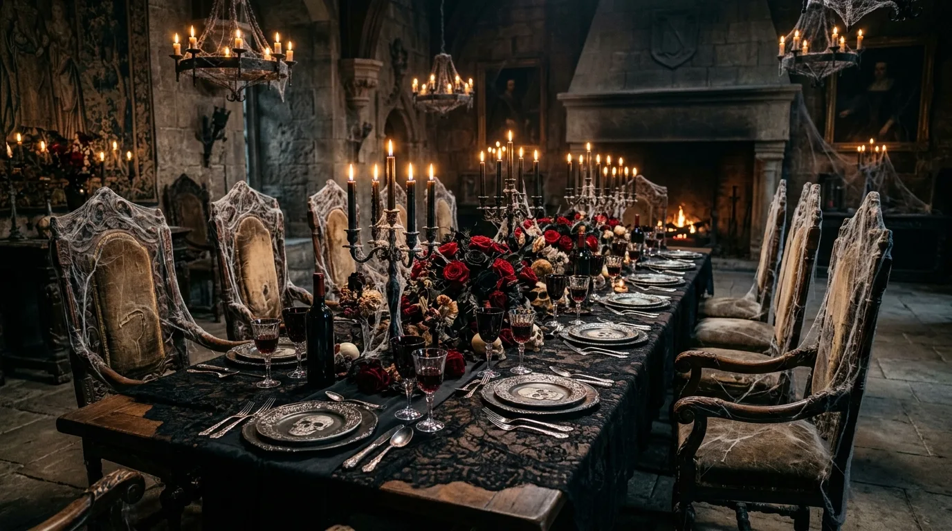An elegant Halloween dining table with bone white plates, dark florals, and pears arranged in a moody centerpiece, no people