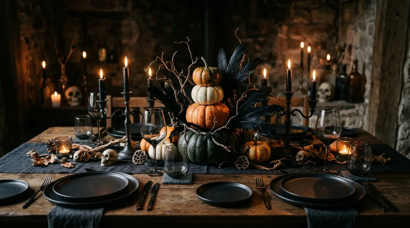 A Halloween tablescape styled with smoke gray glassware and brass accents on a richly layered dining table, no people