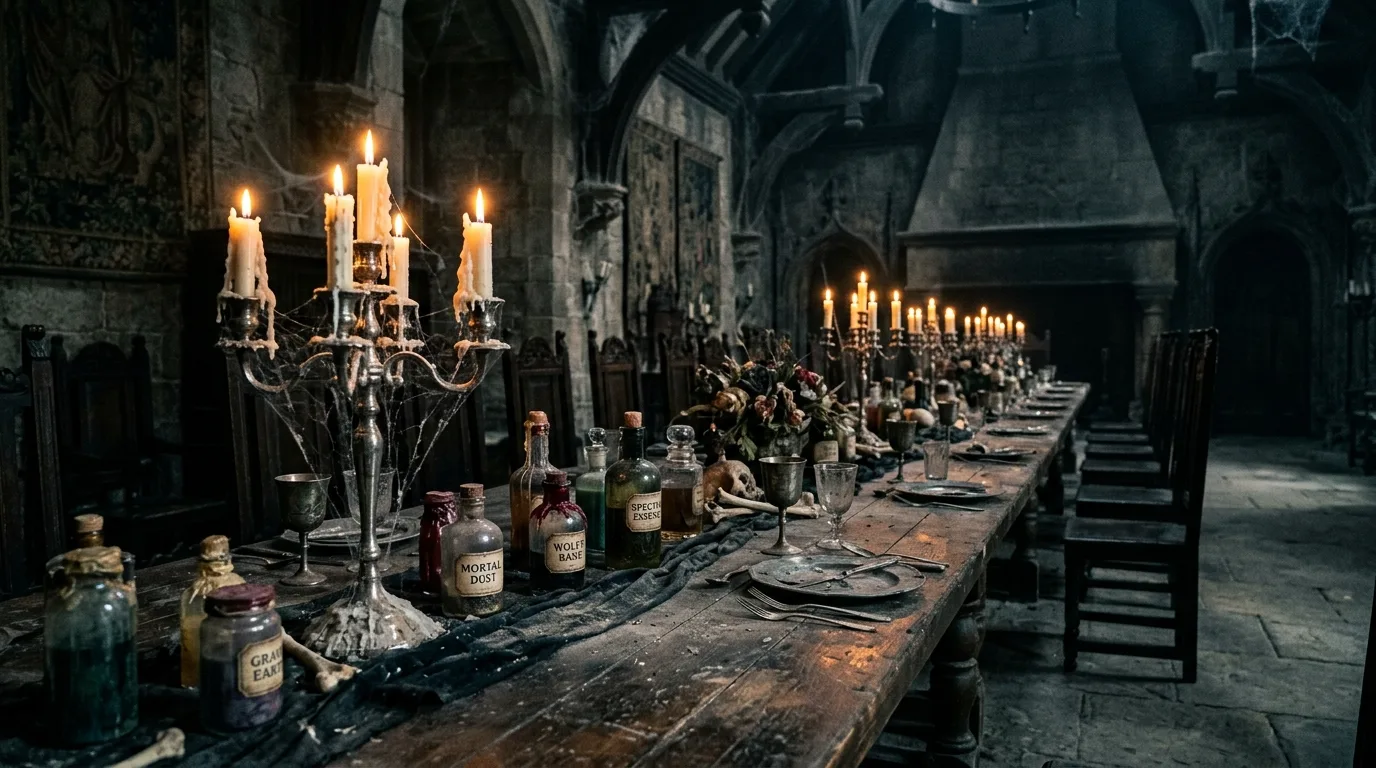 A long Halloween dining table with a raven themed centerpiece running through the middle among candles and dark foliage, no people
