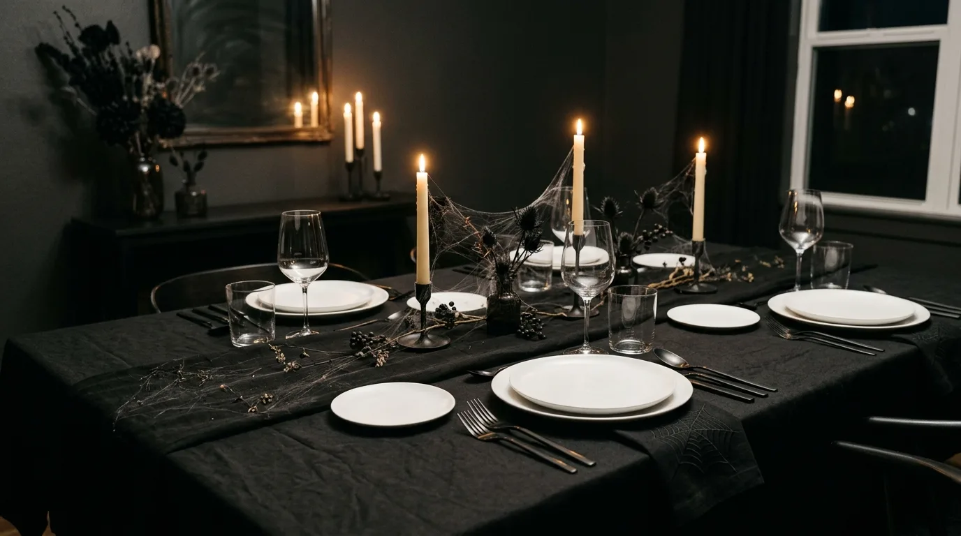 A sophisticated Halloween table styled in plum and black with clustered candles and rich seasonal decor, no people