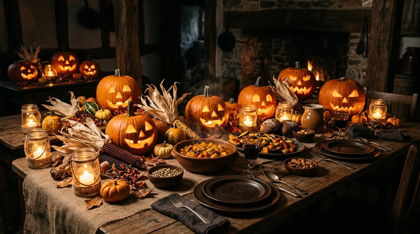 An apothecary inspired Halloween tablescape with vintage bottles, moss, and candlelight across an old world dining table, no people