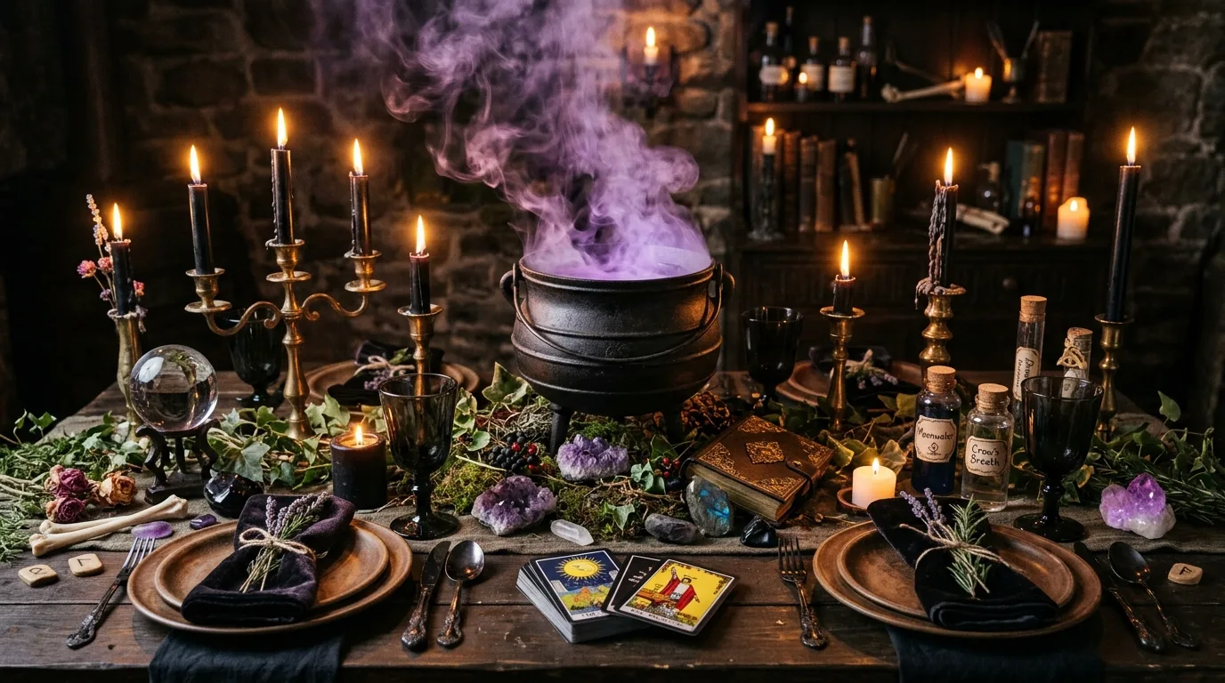 A Halloween dinner table with white pumpkin place settings and handwritten name cards arranged for an elegant feast, no people