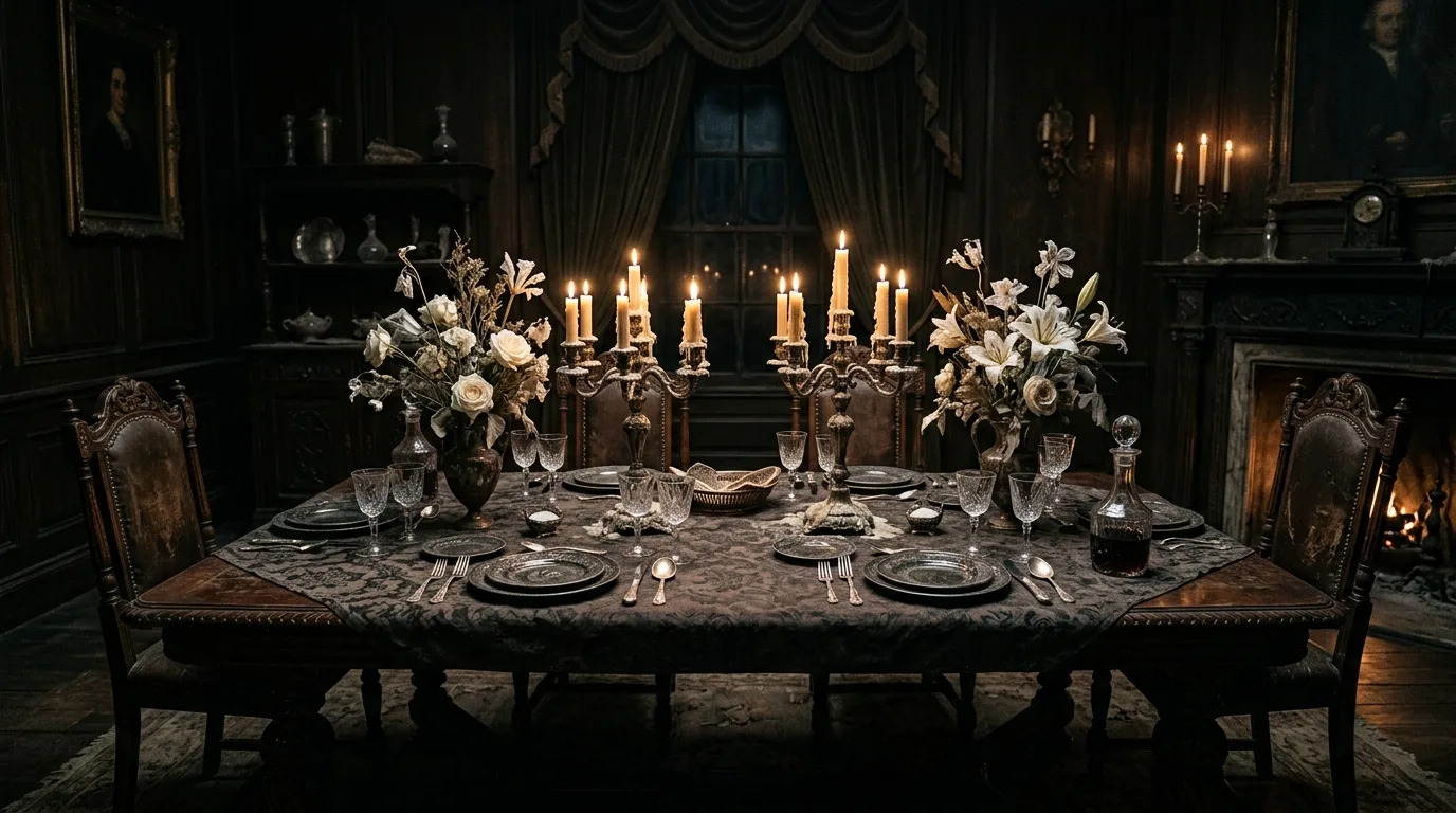 A Halloween tablescape with midnight florals and trailing black ribbon woven through candles and layered place settings, no people
