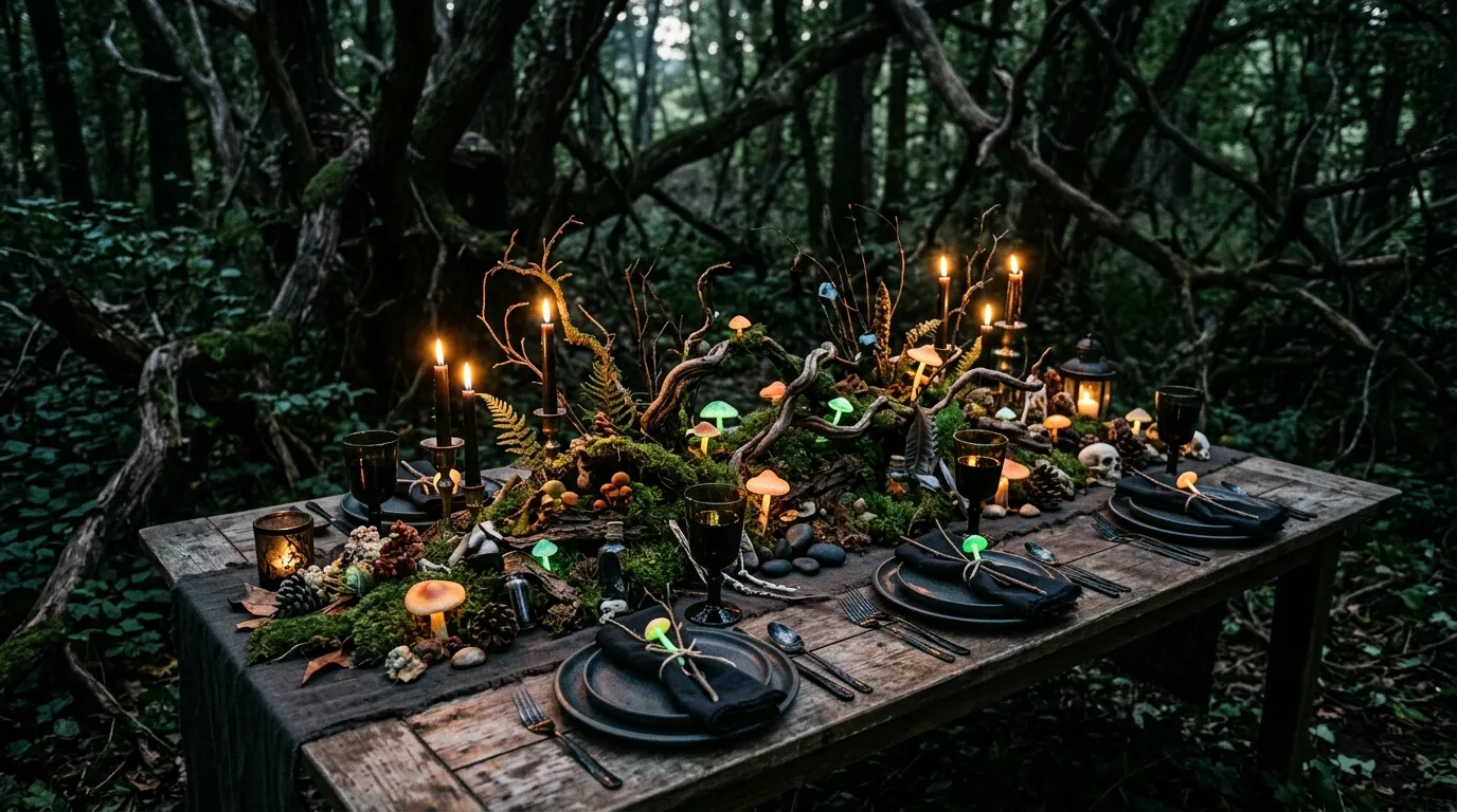 A modern monochrome Halloween table with sculptural decor, candles, and clean dramatic place settings in black and white, no people