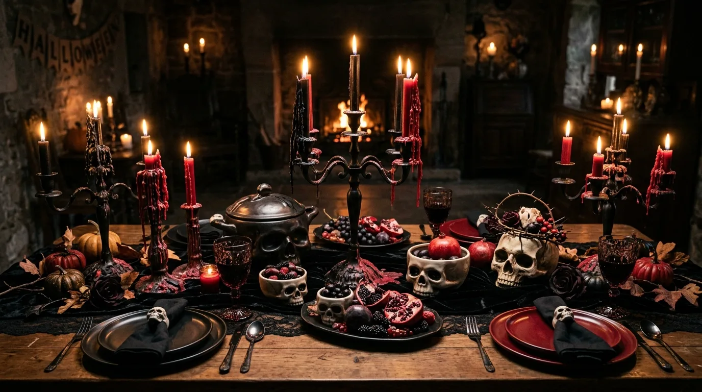 A formal Halloween table with gilded skull accents mixed into polished glassware, linens, and candlelight, no people
