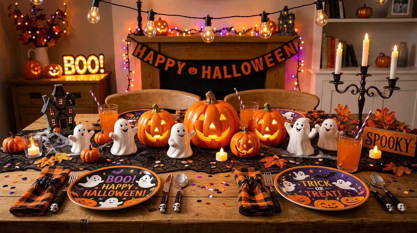 A gothic Halloween tablescape with harvest fruit, dark foliage, and candlelight arranged like a dramatic still life, no people