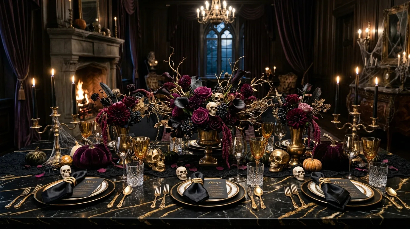 A chic Halloween table with spiderweb charger plates, black napkins, and elegant dinnerware in soft candlelight, no people