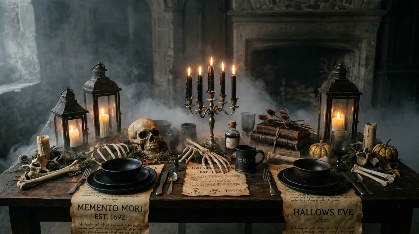 An outdoor Halloween dining table under lantern string lights with dark florals and moody evening styling, no people