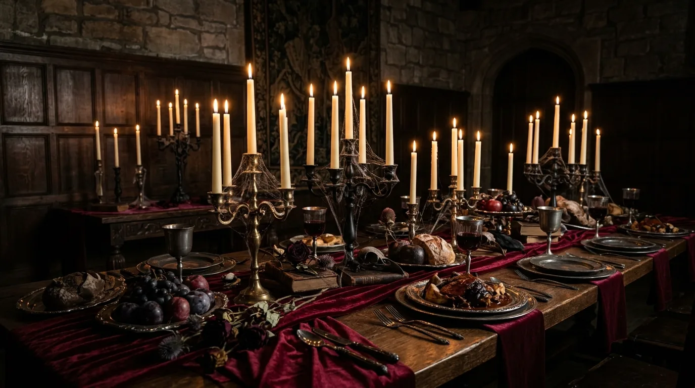 A romantic Halloween tablescape with black lace, silver accents, and candlelight creating a classy eerie dining mood, no people