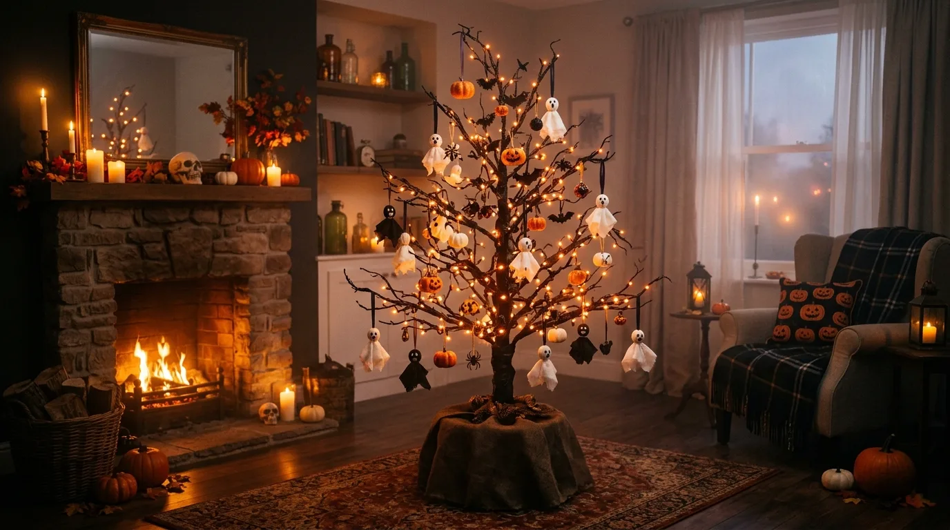 A Halloween tree with black feather branches and orange glass ornaments styled in a dramatic indoor room, no people