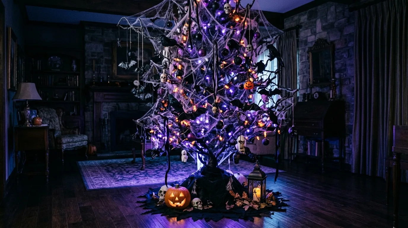 A whimsical Halloween tree decorated with pastel ghosts, ribbons, and candy inspired ornaments in a bright family room, no people